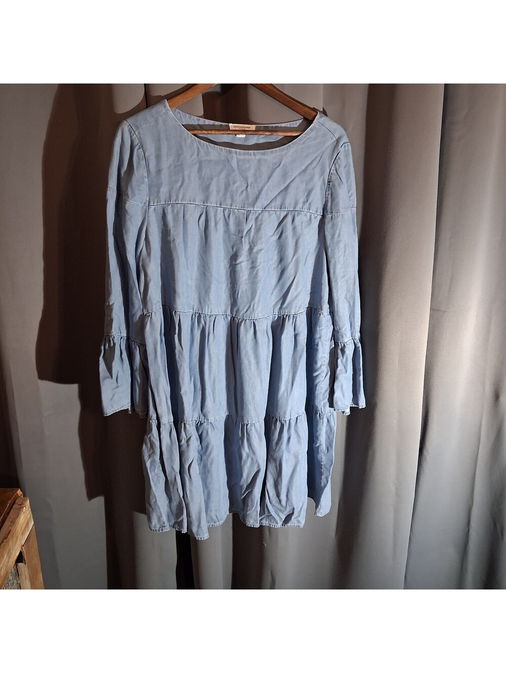 Beachlunchlounge Light Blue Tiered Dress with Bell Sleeves XL
